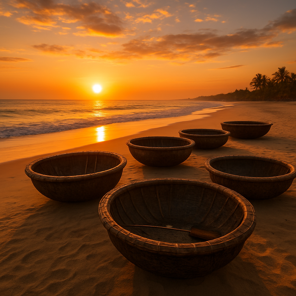 Bamboo basket boats at sunset