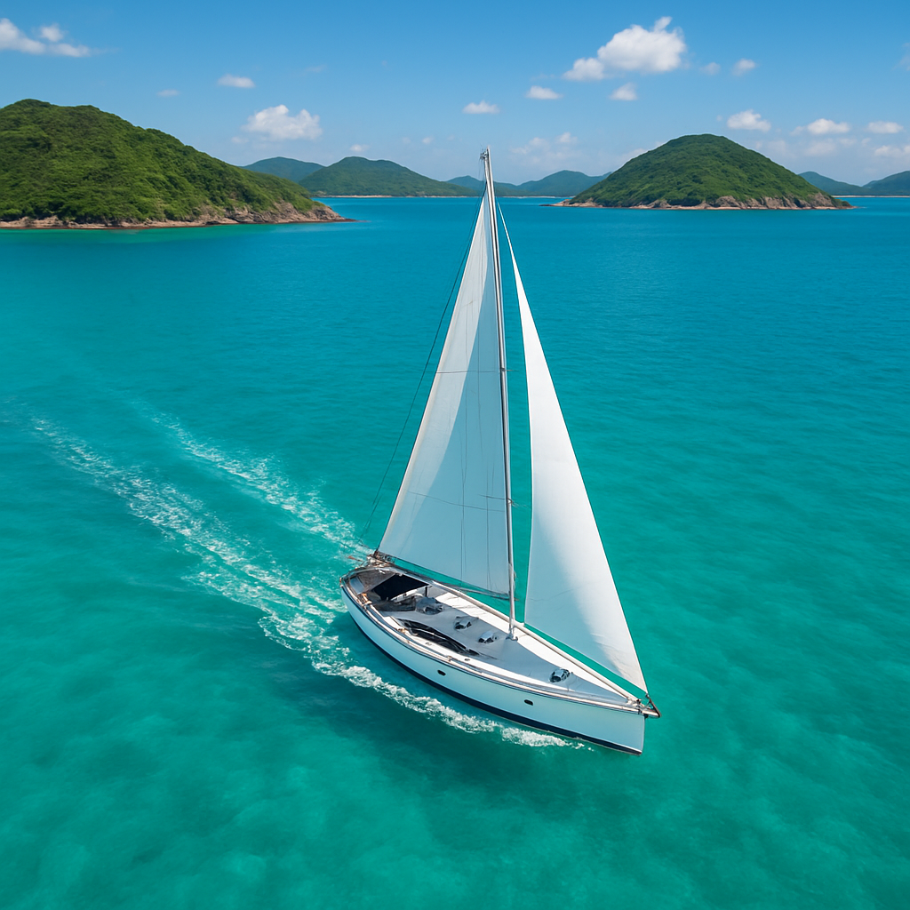 Sailboat cruising near islands