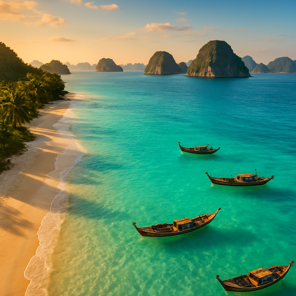 Aerial view of a turquoise Vietnam beach with limestone islands